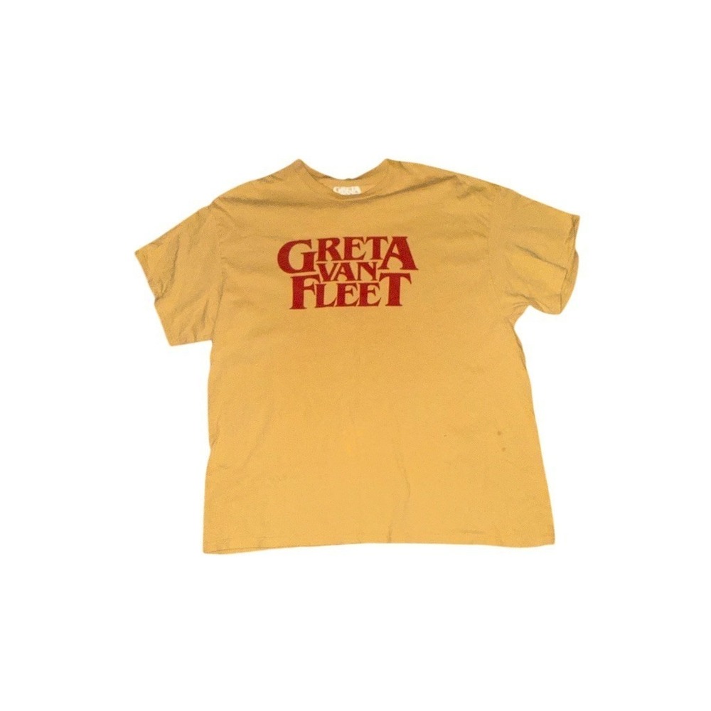 Greta Van Fleet T-Shirt Mens XL Gold Logo Graphic Print Crew Neck Band Tee stain